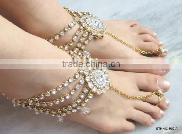 PAYAL Anklets Pair CRYSTAL GOLD , WITH TOE RING , BAREFOOT SANDAL photo-2