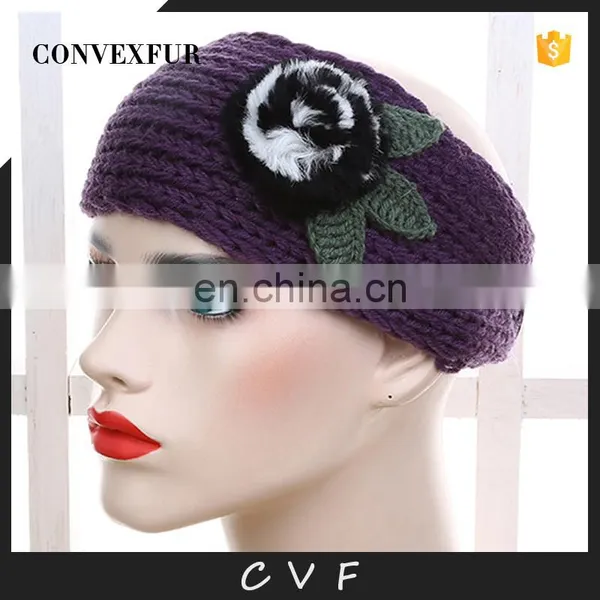 Fur Flower Women Lady Headband Knitted Headband With Rex Rabbit Fur