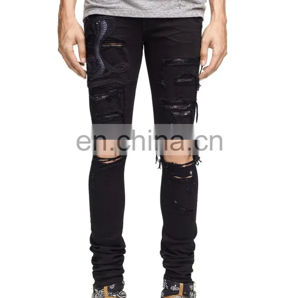 DiZNEW Guangzhou Factory Distressed Damage Embroidered Snakes Jeans Men photo-3