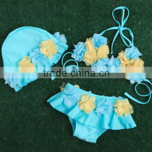 Competitive Girls Yellow and Blue Sky Flower Bikini Swimsuit+hat Fashion Children Bathers Beachwear Kids Beach Wear Cover up