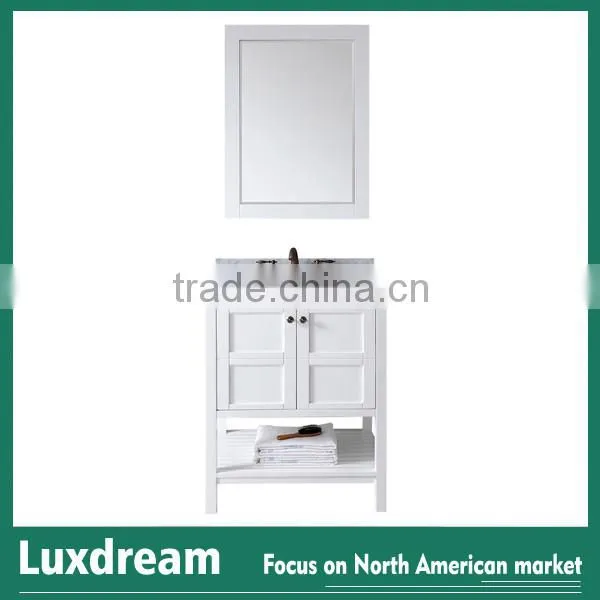 24 Inch White Matte Bathroom Vanity With Marble Top Wooden Shelf