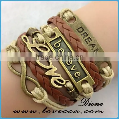 Multilayer Braided Bracelets Antique Gold Faith Hope Believe Charm Bracelet photo-6