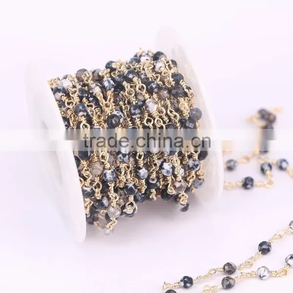 Natural Black and White Color 4mm Faceted Agate Round Beads Necklace Chain Handmade Wire Linked Chains Fashion Jewelry photo-2