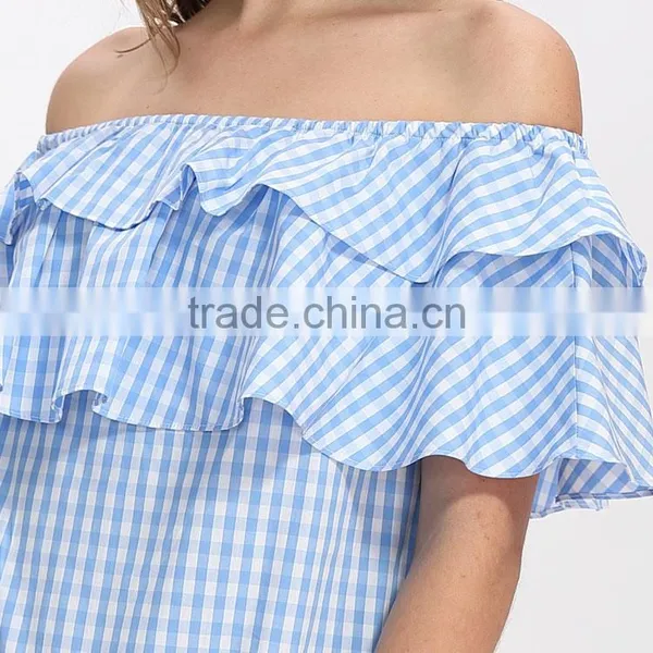 Off Shoulder Design Woman Summer Fashion Striped Blue Short Falbala Dress photo-2