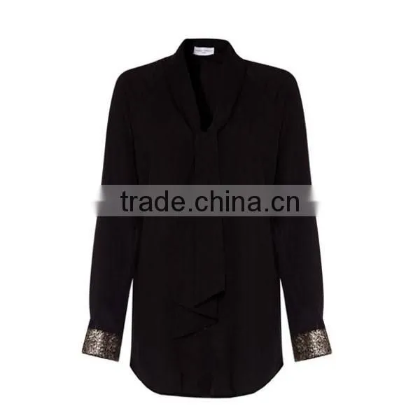 Tops Ladies Rayon Long Sleeve Black Sequin Cuff Shirt Blouse photo-2