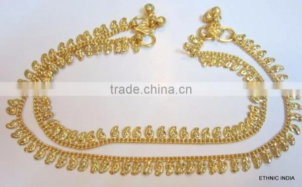 Gold TONE CHAIN PAISLEY DESIGN ANKLETS PAYAL Pair Foot Chain photo-2
