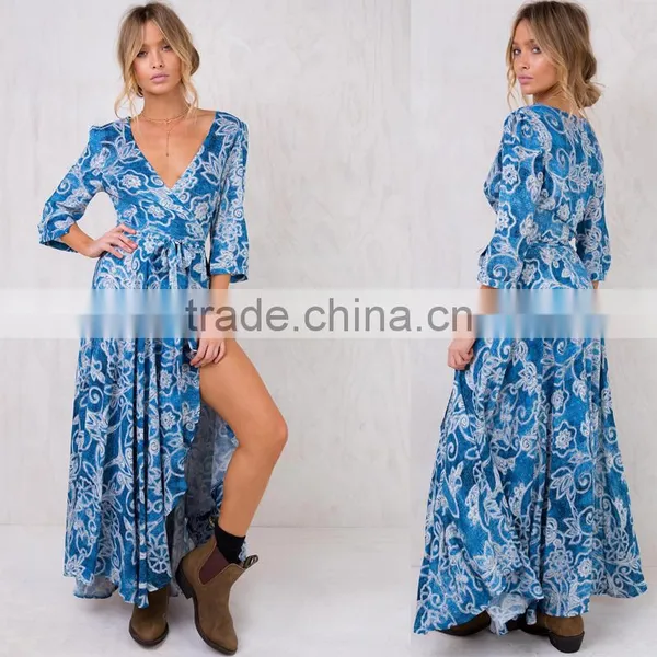 Paisley Print Long Sleeve Maxi Wrap Dress in Blue for Mature Women photo-5