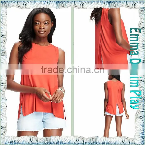 Custom Vogue Design Open Back Split Hem Womens Sexy Colorfast Sleeveless T Shirts photo-5