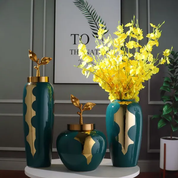 Nordic Simple Gild Creative Art Green Ceramic Plant Vase For Dining Room Outdoor Indoor photo-2