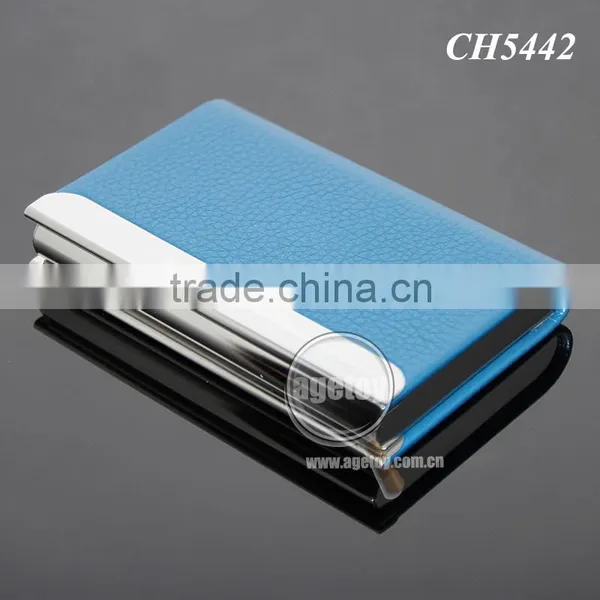 High Quality Box Packing Lichee Pattern Blue Leather Flannelette Lining Stainless Steel Metal Novelty Leather Credit Card Holder photo-6