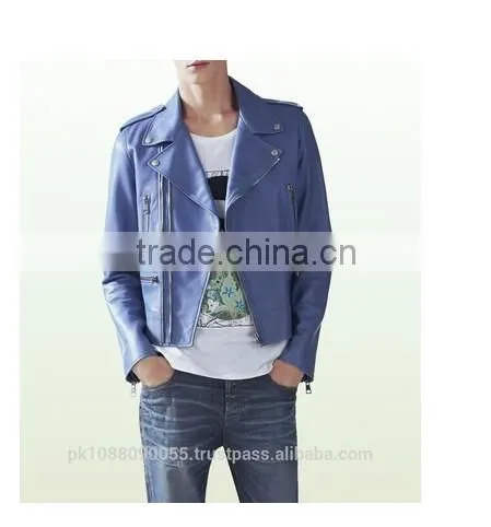 Leather Biker Jacket Light Blue Color