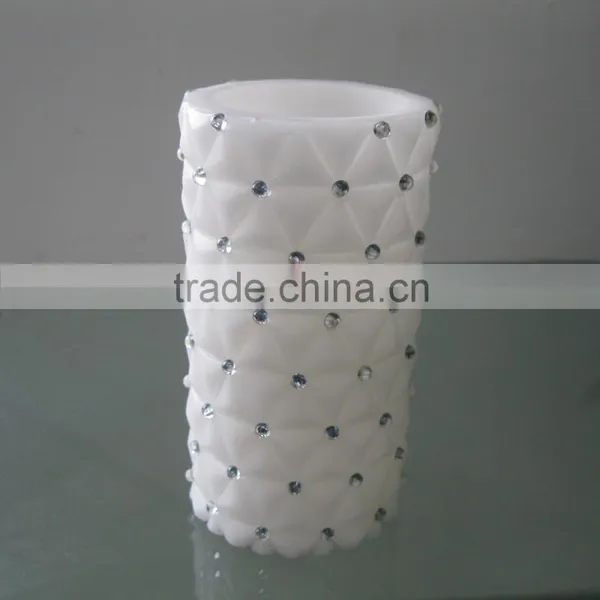 Battery Operated White Pillar Decorative Party Favor Wax Led Candle With Crystal