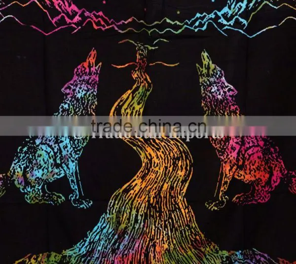 Twin Size Tie Dye Wolf Howling at Moon Wall Art Cotton Boho Wall Hanging Tapestry photo-3