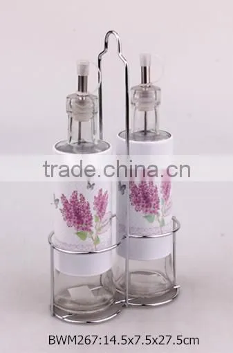 Glass Bottle Set With Nice Decal in a Metal Stand