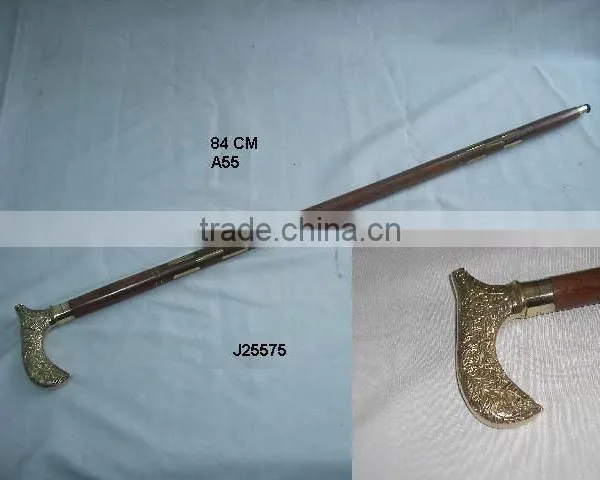 Floral Emboss Brass Handle Wooden Walking Stick