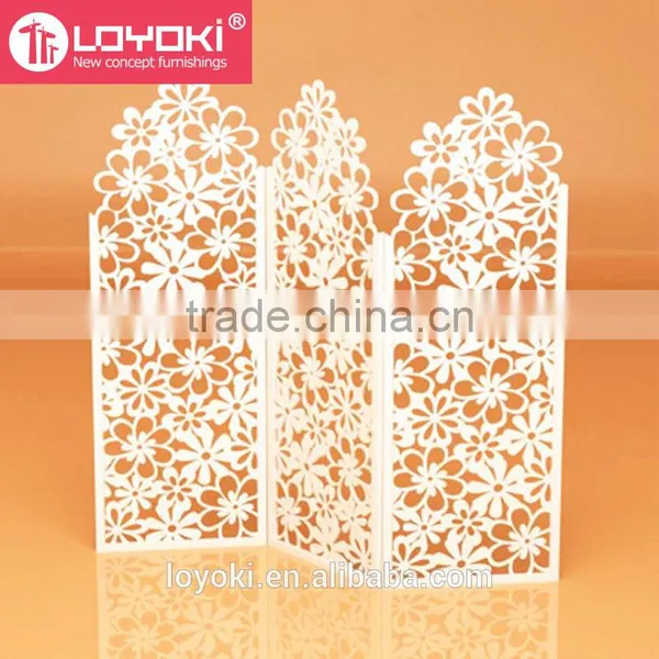 Home Decor White 3 Panel Handcrafted Wood Room Divider Screen MDF Wood Flower Carving Room Divider photo-2