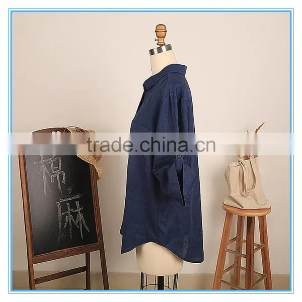 Fashion Women Vintage Linen Cotton Long Sleeve Demin Dress Shirt photo-2