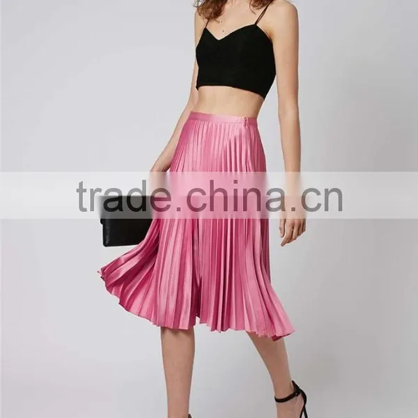 Hot Sale Shinning Petite Satin Pleat Midi Skirt Summer Skirt Ladies Plain Pink Zip Up Skirt photo-4