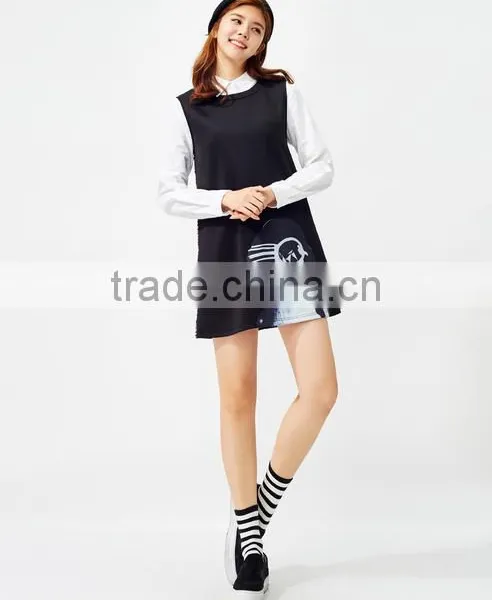 Women's Black Knitting Small Hem A Printed Sleeveless Dresses photo-3