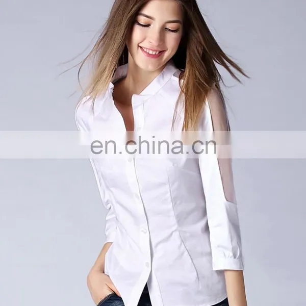 OEM/ODM Ladies Fashion Stand Collar 3/4 Sleeves Sexy Organza off Shoulder Fitting Shirt photo-3