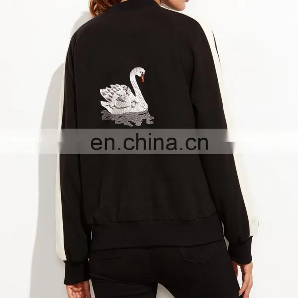 MIKA7139 White Striped Sleeve Swan Embroidered Bomber Jacket photo-2