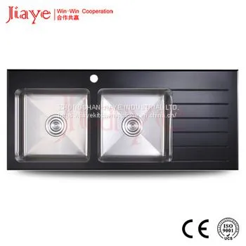 Tempered Glass Two Bowl Handmade Kitchen Sink With Drain Board