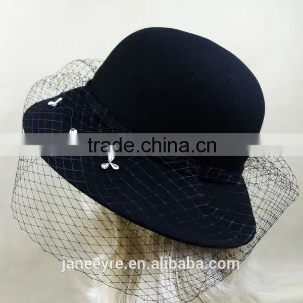 Hot Sale Women's Wide Brim Wool Felt Hats With Veil Fascinator photo-3