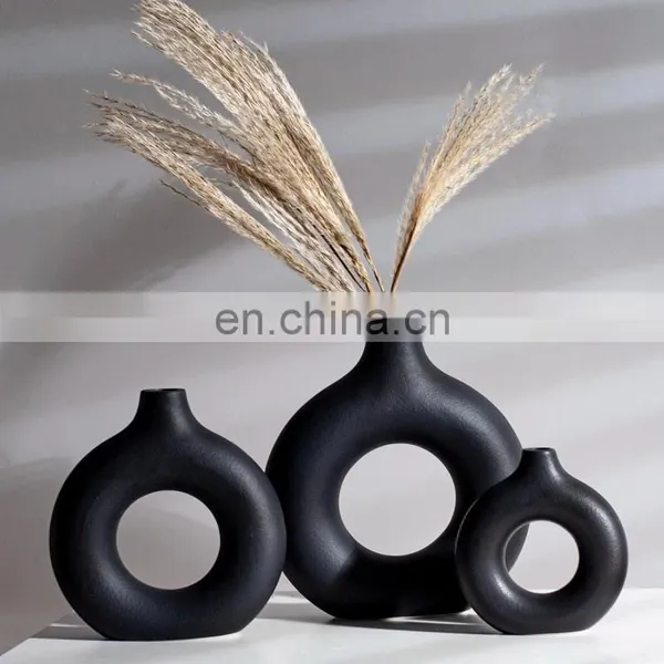 Black Circular Hollow Ceramic Vase Donuts Nordic Flower Pot Home Decoration Accessories Office Living Room Interior Decor photo-2