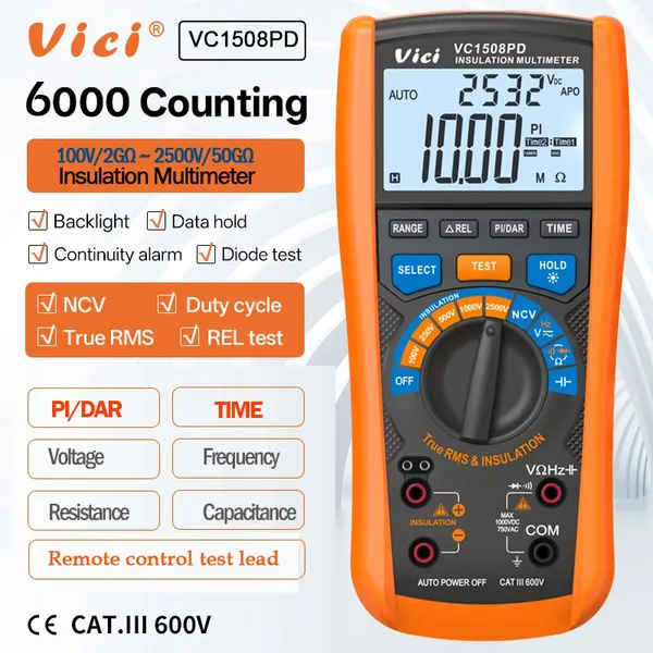 Vici VC1508PD 100В 250В 500В 100В 2500В Макс 50ГОм Изоляционный мультиметр с PI, DAR, TIME и дистанционным тестовым зондом