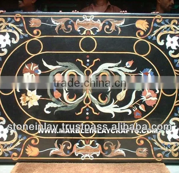 Marble Inlay Dining Table Top, Black Marble Dining Table