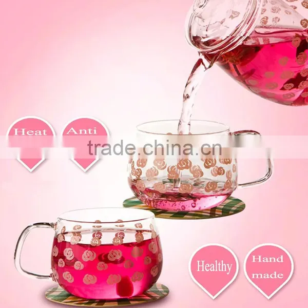 Hot Selling Borosilicate Glass Teapot With Glass Infuser Pink Flower Design Teaset 650ml 2pcs 350ml Tea Cups photo-2