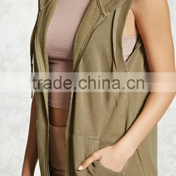 Long Fit Tie Dye Hoodie Women Drawstring Hood Ribbed Trim Heathered Sleeveless Zip Sleeveless Hoodie With Kangaroo Pocket photo-5