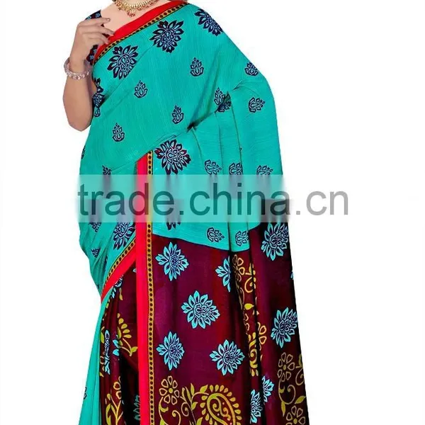 Surat Printed Sari in 2 Color Green & Blue photo-3