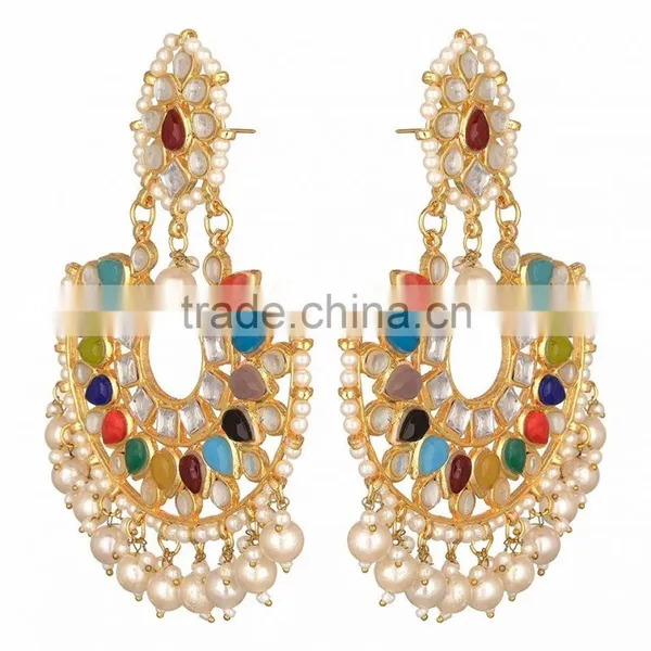 NAVRATAN Kundan Jadau Earring Tikka Gold Plated Chand Bali Set photo-5