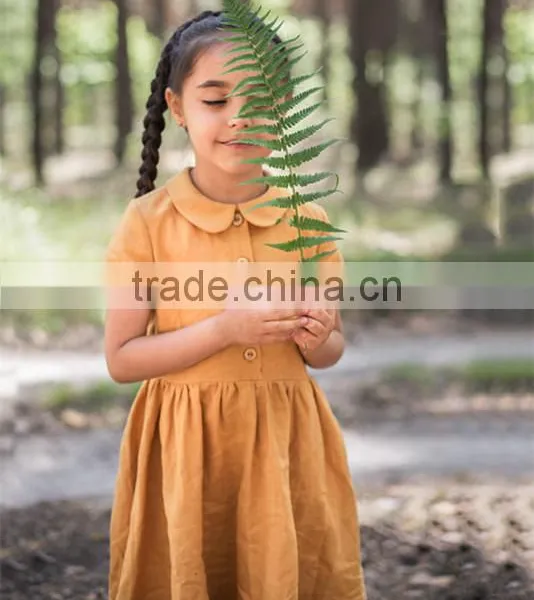 Classic Peter Pen Collar Mustard Linen Girl Child Dress Doild Kid Dress photo-2