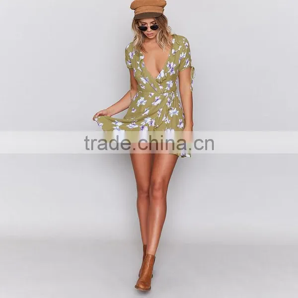 Wrap Over Short Sleeved Sexy Women Dresses Ladies Tie Cuff Floral Casual Dress photo-4