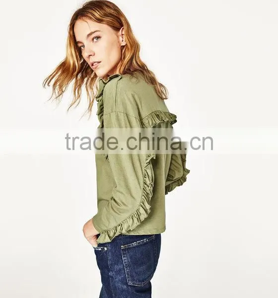 Women Fashion Long Sleeve Frilled T-shirts Tops Printed Round Neck Tops Blouses photo-3