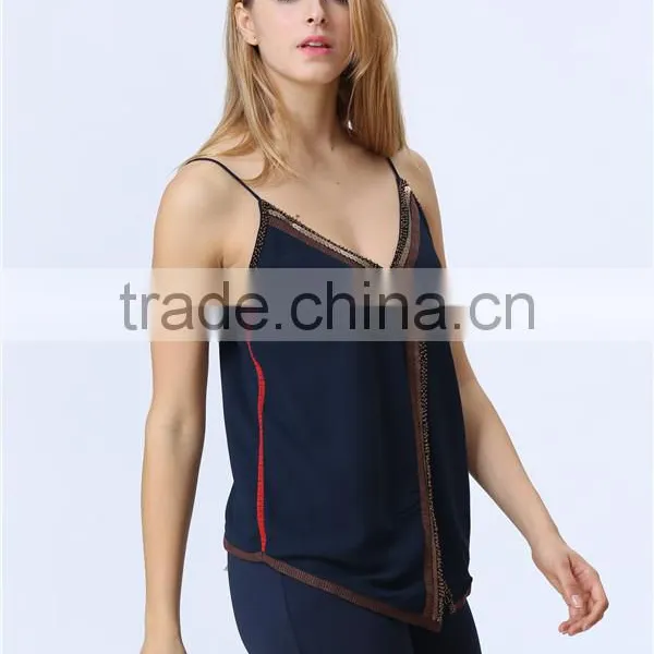 New Design Ladies Sequin Embroideried Beaded Navy Cami Top photo-4