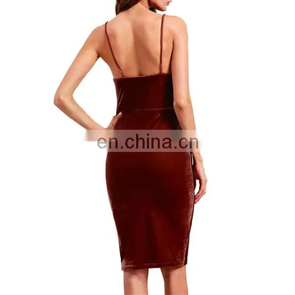 Brick Red Velvet Cami Pencil Dress Sexy Club Wear Slim Dress Women Sleeveless V Neck Knee Length Dress photo-3