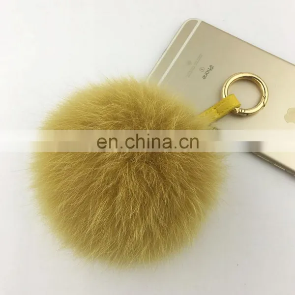 Large Fur Pompoms Mobile Leather Strap Keychain Ball With Gold RIng photo-2