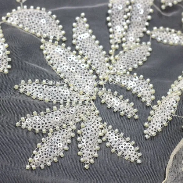 2017 Hot Selling Pearl Beaded Ivory Lace Fabric Lace Embroidered Wedding Bridal Fabric photo-3