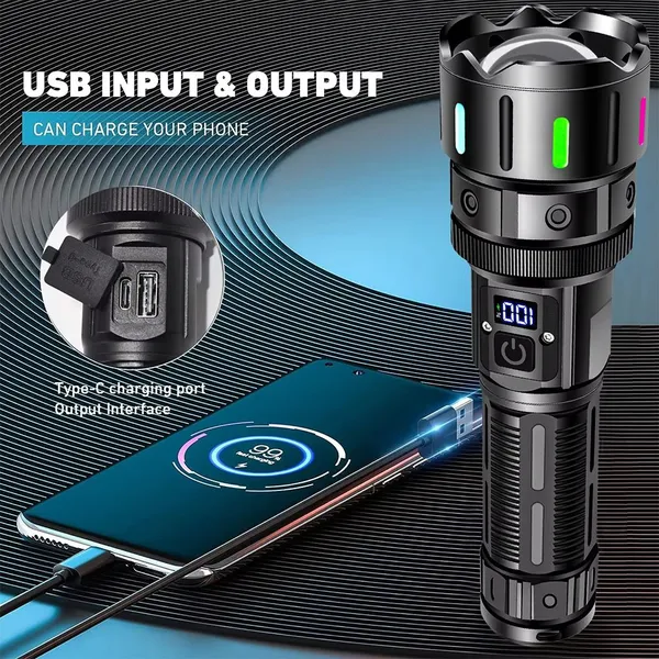 1280LM White Laser Rechargeable Flashlight 10W Telescopic Zoom Torch With Power Bank IP45 Waterproof photo-3