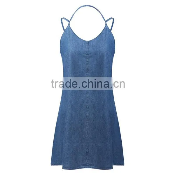 2015 Fashion Hot Girl Sexy Backless Cross Spaghtti Strap Denim Dress photo-2