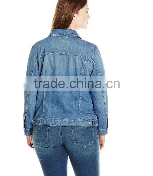 Washed Women's Plus-Size Trucker Jacket Denim Jeans photo-2