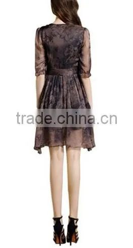 Women's V-Neck Vintage Flower Printed A-Line Casual Chiffon Dress photo-3