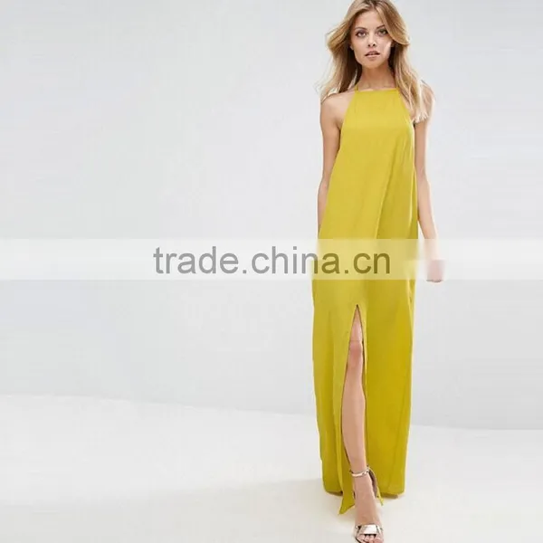 2017 Summer High Neckline Front Split Sexy Long Yellow Dresses For Women HSd9018 photo-2
