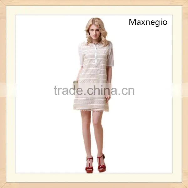 Embroidery Stripe Styles Ladies Elegant Short Sleeve Dresses photo-3