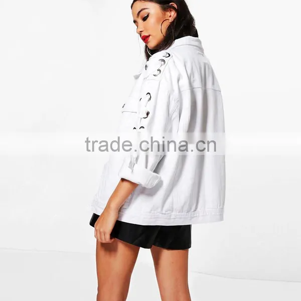 Lace up Eyelet White Denim Jacket New Fashion Wholesale Women Street Wear photo-2