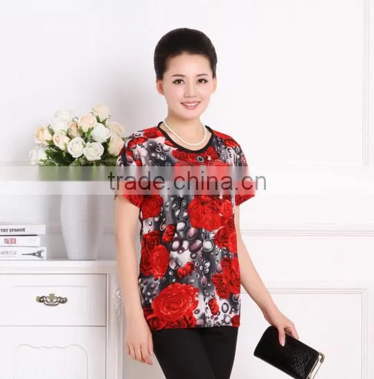 2017 New Middle-aged Women's Ice-silk Round Neck T-shirt Single Large Size Mother Loaded Short-sleeved Shirt photo-5