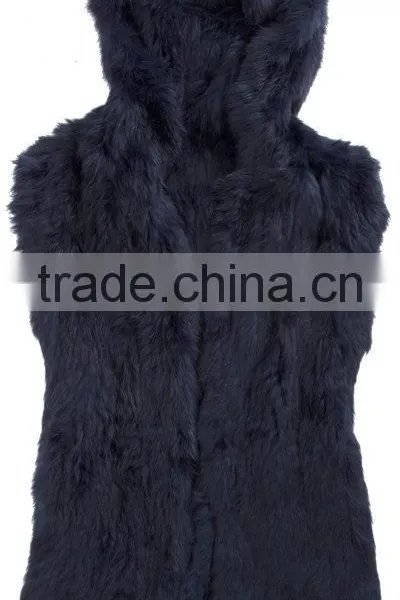 YR253 Latest Design Women Hooded Hand Knit Rabbit Fur Waistcoat photo-4